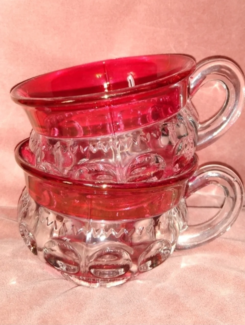 4 Cups Heavy Vintage Kings Crown Ruby Red Flash Thumbprint Coffee Cup Set Tiffin